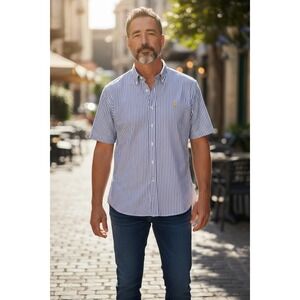 ralph lauren button down Striped Shirt Men's Short Sleeve Blue White Size XXL